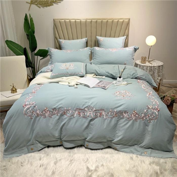 91家纺网 家纺一手货源 找家纺 馨蕊家居 2021新款60磨毛绣花四件套 梦町-抹茶绿磨毛