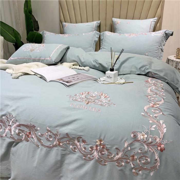 91家纺网 家纺一手货源 找家纺 馨蕊家居 2021新款60磨毛绣花四件套 梦町-抹茶绿磨毛