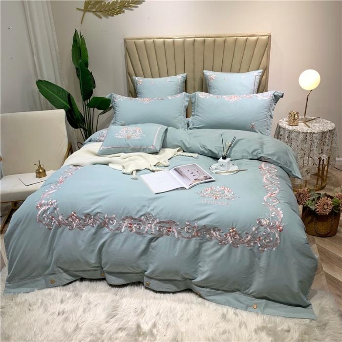 91家纺网 家纺一手货源 找家纺 馨蕊家居 2021新款60磨毛绣花四件套 梦町-抹茶绿磨毛