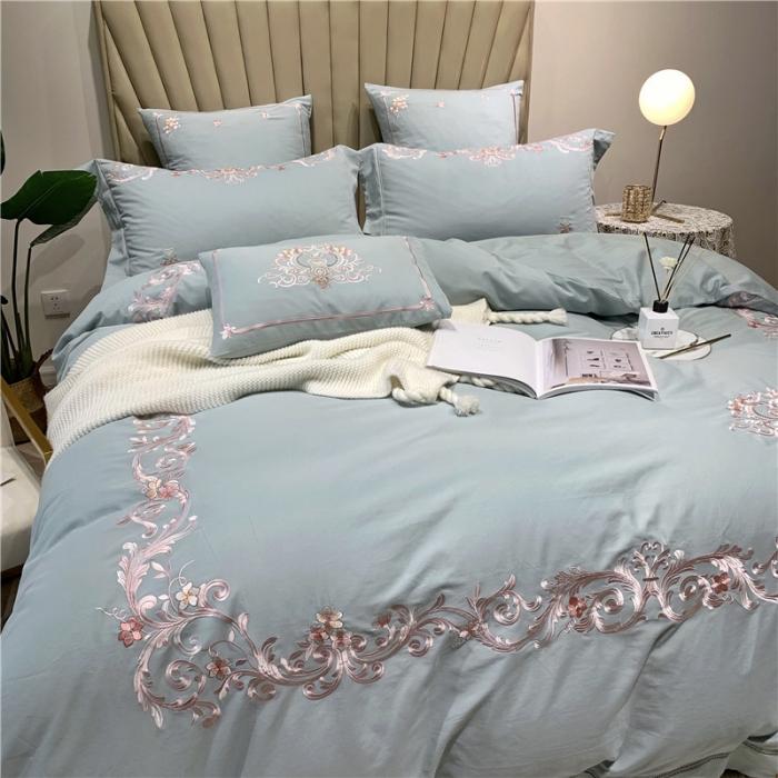 91家纺网 家纺一手货源 找家纺 馨蕊家居 2021新款60磨毛绣花四件套 梦町-抹茶绿磨毛