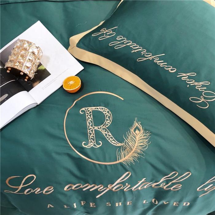 91家纺网 家纺一手货源 找家纺 馨蕊家居 2021新款60磨毛绣花四件套 磨毛简爱-墨绿