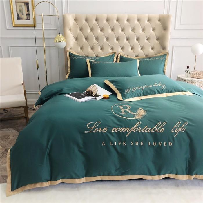 91家纺网 家纺一手货源 找家纺 馨蕊家居 2021新款60磨毛绣花四件套 磨毛简爱-墨绿