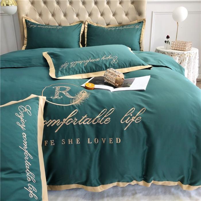 91家纺网 家纺一手货源 找家纺 馨蕊家居 2021新款60磨毛绣花四件套 磨毛简爱-墨绿