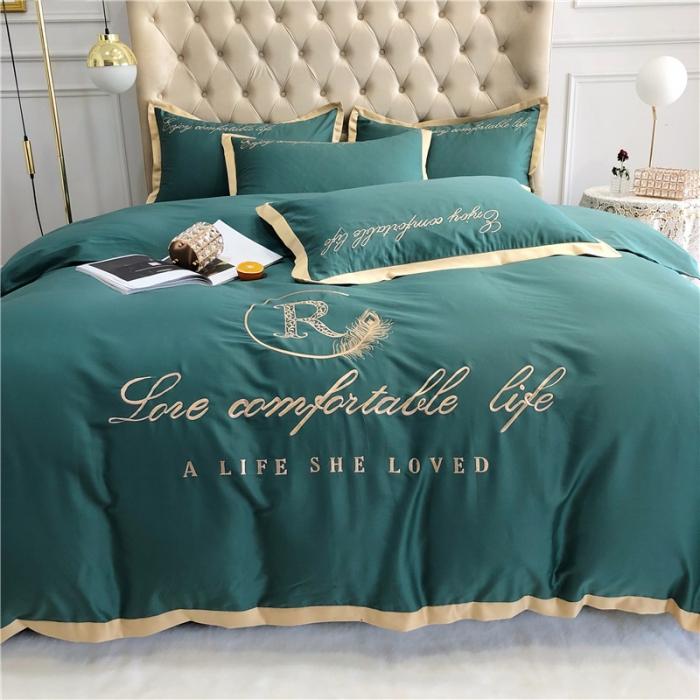 91家纺网 家纺一手货源 找家纺 馨蕊家居 2021新款60磨毛绣花四件套 磨毛简爱-墨绿