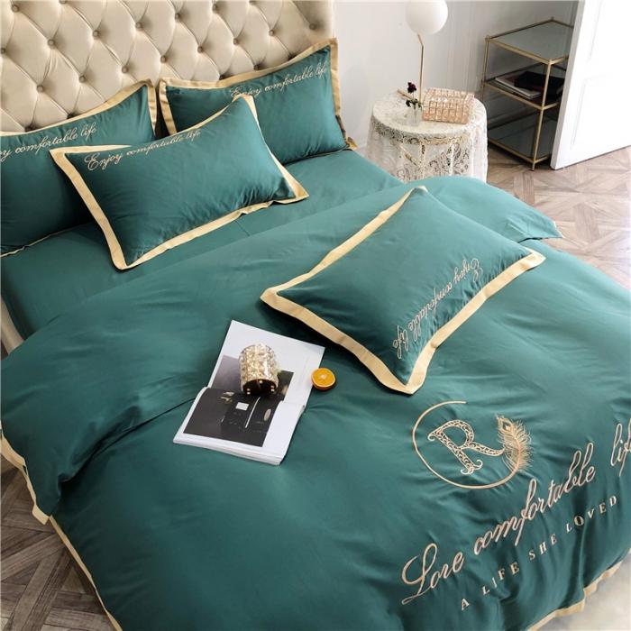 91家纺网 家纺一手货源 找家纺 馨蕊家居 2021新款60磨毛绣花四件套 磨毛简爱-墨绿