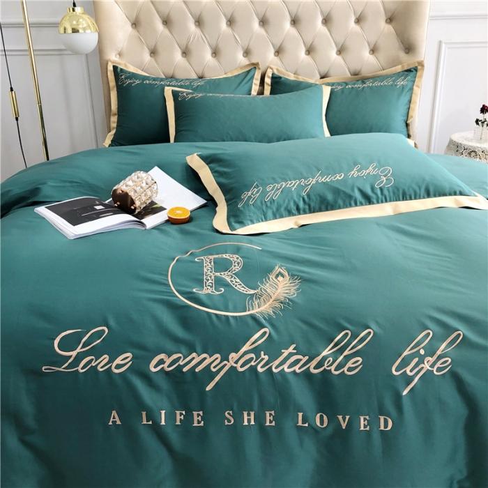 91家纺网 家纺一手货源 找家纺 馨蕊家居 2021新款60磨毛绣花四件套 磨毛简爱-墨绿