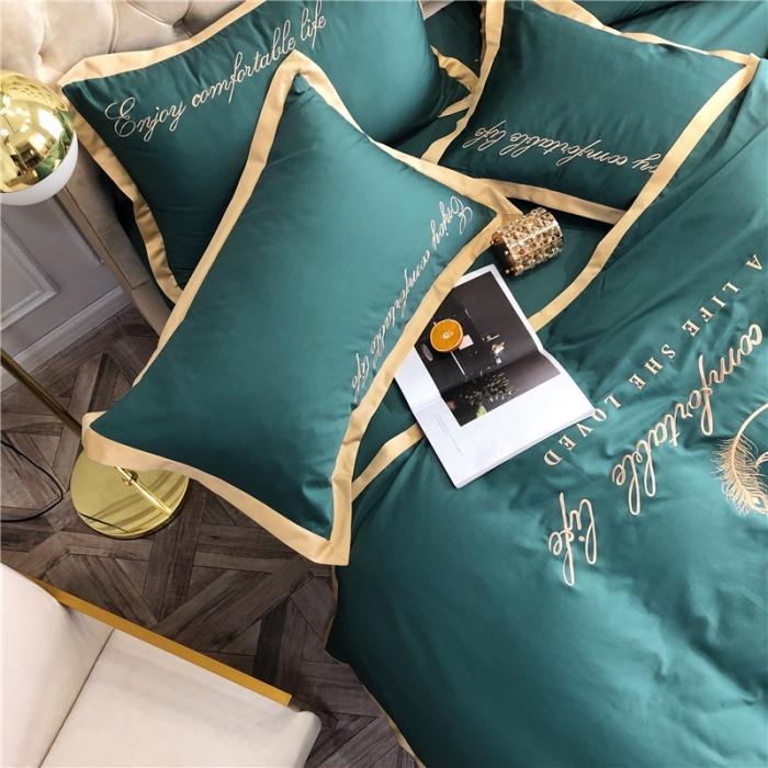 91家纺网 家纺一手货源 找家纺 馨蕊家居 2021新款60磨毛绣花四件套 磨毛简爱-墨绿