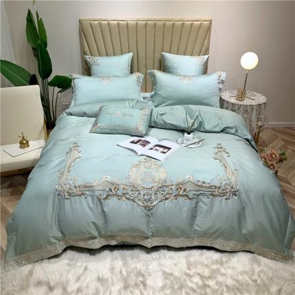 91家纺网 家纺一手货源 找家纺 馨蕊家居 2021新款60长绒棉绣花四件套 欧文-抹茶绿