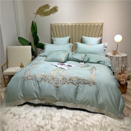 馨蕊家居 2021新款60长绒棉绣花四件套 欧文-抹茶绿