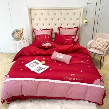 馨蕊家居 2021新款60长绒棉绣花四件套 思忖-温莎红