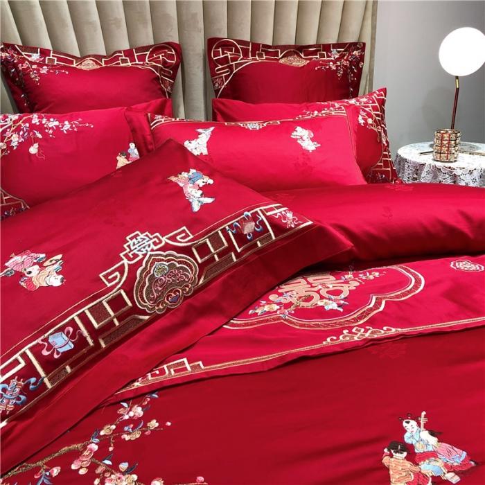 91家纺网 家纺一手货源 找家纺 馨蕊家居 2021新款100支高端婚庆四件套 百子麟凤