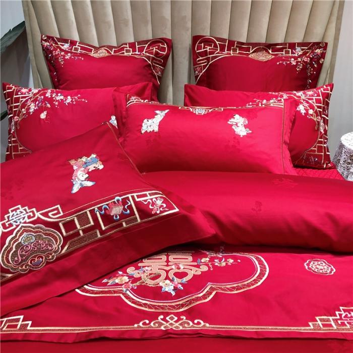 91家纺网 家纺一手货源 找家纺 馨蕊家居 2021新款100支高端婚庆四件套 百子麟凤