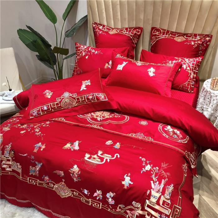 91家纺网 家纺一手货源 找家纺 馨蕊家居 2021新款100支高端婚庆四件套 百子麟凤