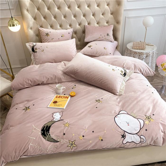 91家纺网 家纺一手货源 找家纺 馨蕊家居 2021新款牛奶绒四件套 守望星空-粉