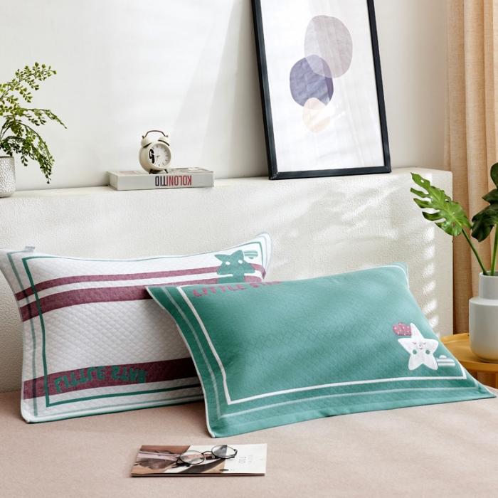 91家纺网 家纺一手货源 找家纺 朴尔三层纱布枕巾一对装全棉柔软透气加厚情侣成人枕巾小星星绿