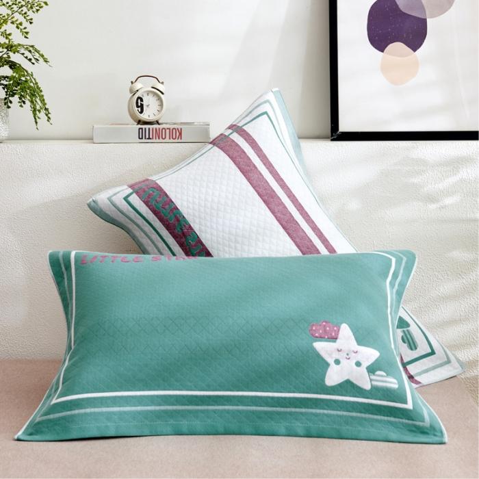 91家纺网 家纺一手货源 找家纺 朴尔三层纱布枕巾一对装全棉柔软透气加厚情侣成人枕巾小星星绿