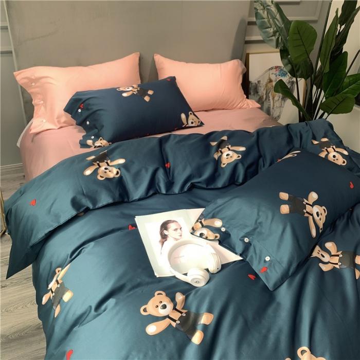 91家纺网 家纺一手货源 找家纺 优然居 2019新款长绒棉活性印花四件套 约翰蓝-熊