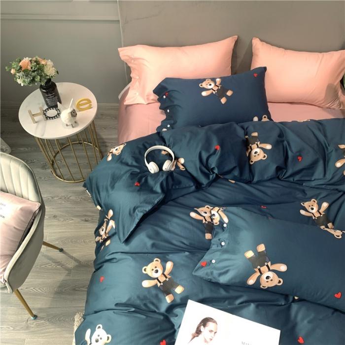 91家纺网 家纺一手货源 找家纺 优然居 2019新款长绒棉活性印花四件套 约翰蓝-熊