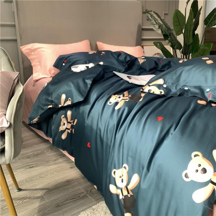 91家纺网 家纺一手货源 找家纺 优然居 2019新款长绒棉活性印花四件套 约翰蓝-熊