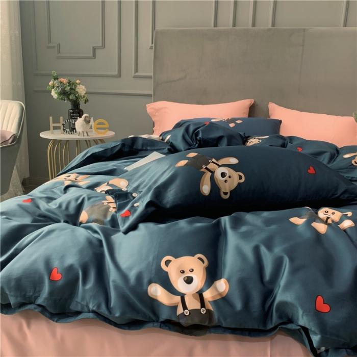 91家纺网 家纺一手货源 找家纺 优然居 2019新款长绒棉活性印花四件套 约翰蓝-熊