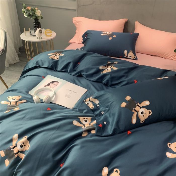 91家纺网 家纺一手货源 找家纺 优然居 2019新款长绒棉活性印花四件套 约翰蓝-熊