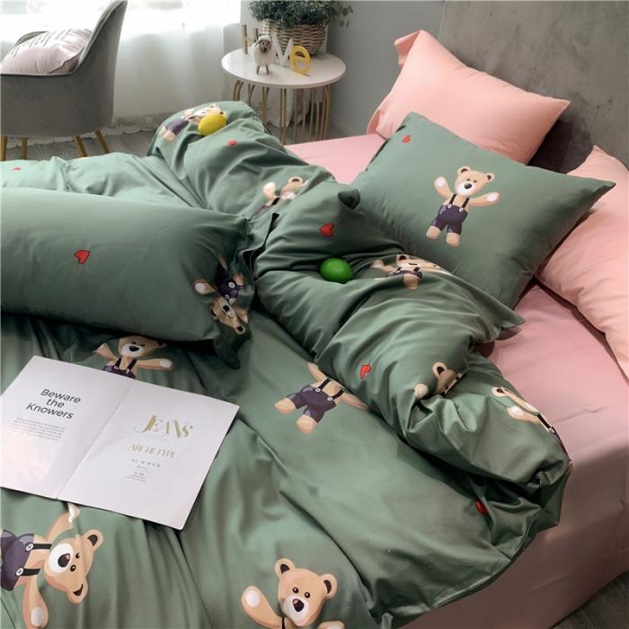 91家纺网 家纺一手货源 找家纺 优然居 2019新款长绒棉活性印花四件套 约翰绿-熊