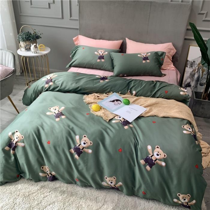 91家纺网 家纺一手货源 找家纺 优然居 2019新款长绒棉活性印花四件套 约翰绿-熊