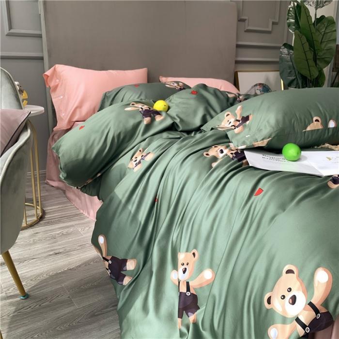 91家纺网 家纺一手货源 找家纺 优然居 2019新款长绒棉活性印花四件套 约翰绿-熊