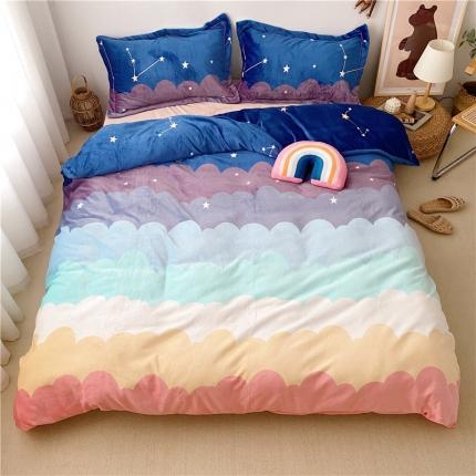 91家纺网 家纺一手货源 找家纺 时年 2019牛奶绒印花保暖四件套童模图 彩虹星空