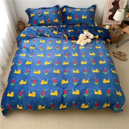 91家纺网 家纺一手货源 找家纺 时年 2019牛奶绒印花保暖四件套童模图 猫咪君