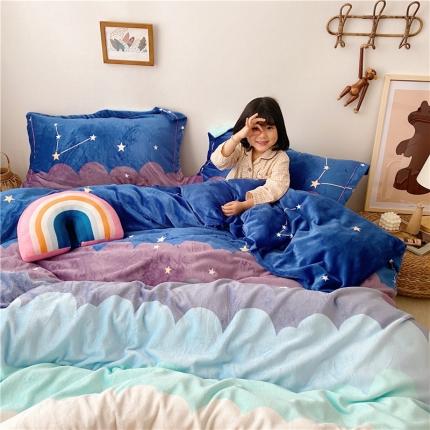 时年 2019牛奶绒印花保暖四件套童模图 彩虹星空
