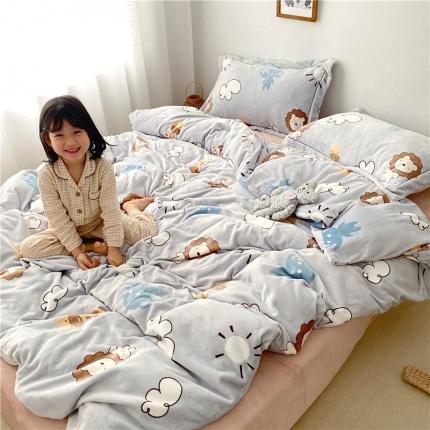 时年 2019牛奶绒印花保暖四件套童模图 动物伙伴