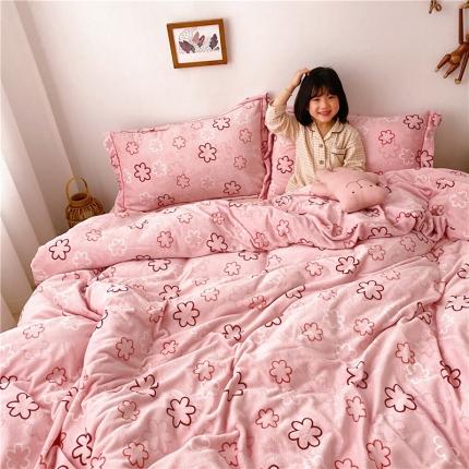 时年 2019牛奶绒印花保暖四件套童模图 粉小花