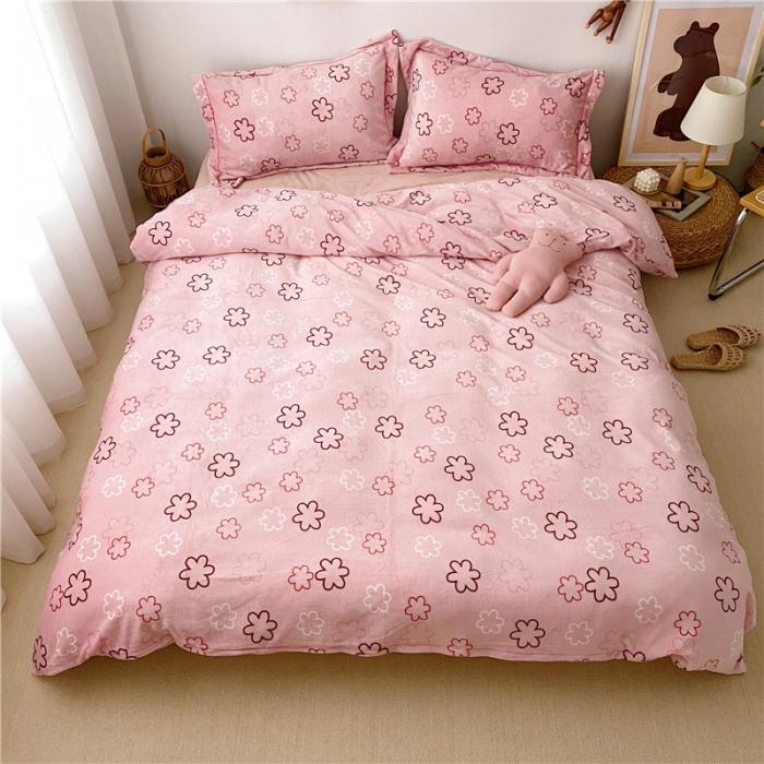 91家纺网 家纺一手货源 找家纺 时年 2019牛奶绒印花保暖四件套童模图 粉小花