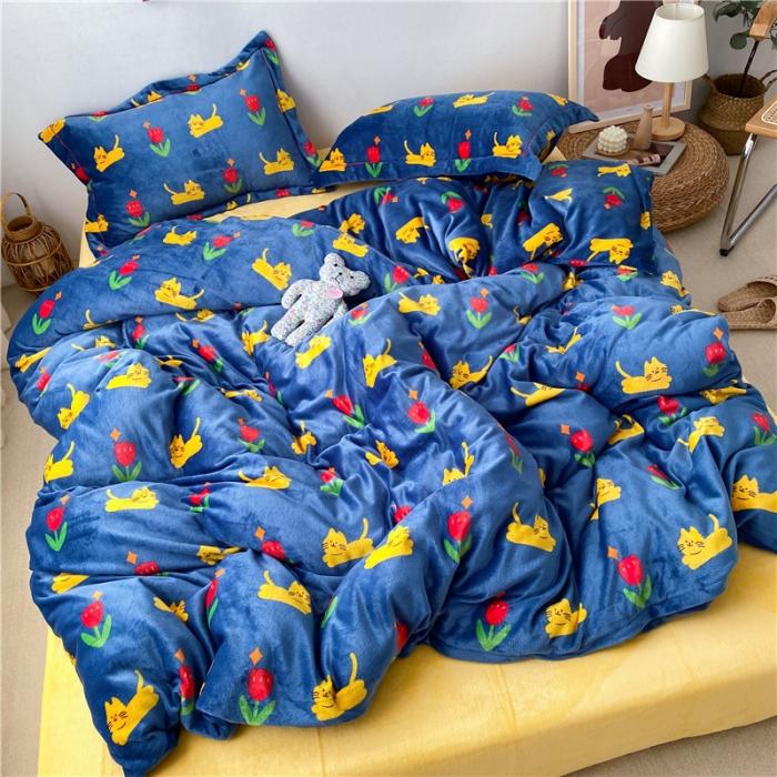 91家纺网 家纺一手货源 找家纺 时年 2019牛奶绒印花保暖四件套童模图 猫咪君