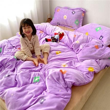 时年 2019牛奶绒印花保暖四件套童模图 小花花紫