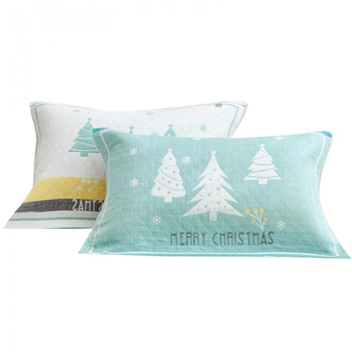 91家纺网 家纺一手货源 找家纺 混纺三层纱布非纯棉枕巾一对装比全棉成人情侣枕头巾儿童款枕巾 圣诞树-绿（一对）