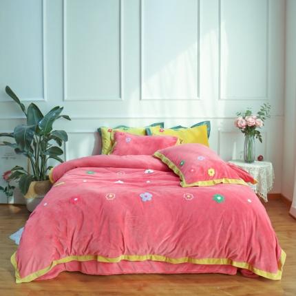 润缦 2019 ins泫雅风宝宝绒四件套牛奶绒四件套 可爱花朵-粉色