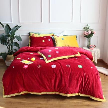 润缦 2019 ins泫雅风宝宝绒四件套牛奶绒四件套 可爱花朵-酒红色