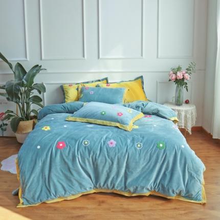 润缦 2019 ins泫雅风宝宝绒四件套牛奶绒四件套 可爱花朵-绿色