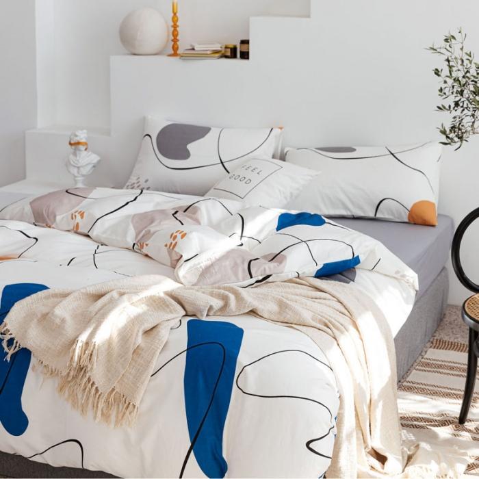 91家纺网 家纺一手货源 找家纺 艾沁 2019全棉13372北欧简约抽象风四件套床单款 蓝湾