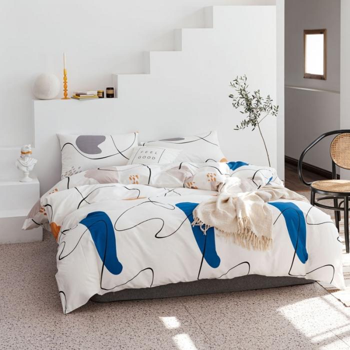 91家纺网 家纺一手货源 找家纺 艾沁 2019全棉13372北欧简约抽象风四件套床单款 蓝湾