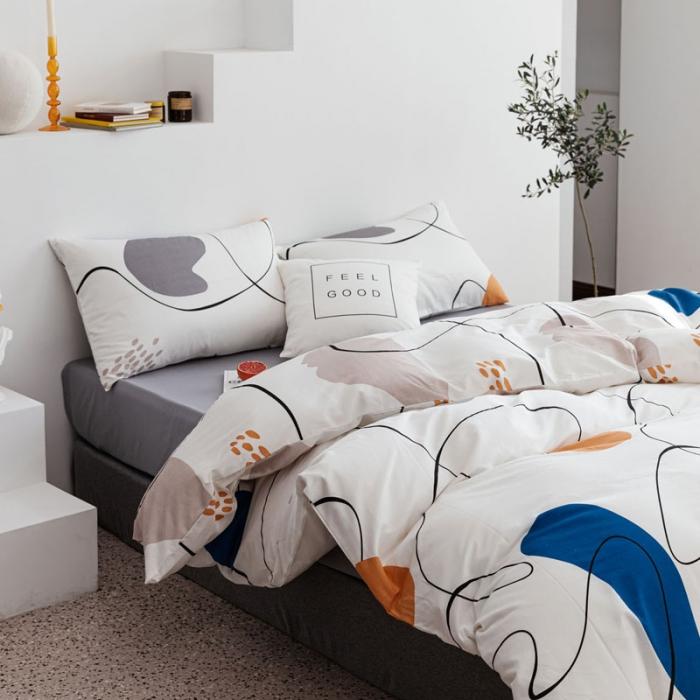 91家纺网 家纺一手货源 找家纺 艾沁 2019全棉13372北欧简约抽象风四件套床单款 蓝湾