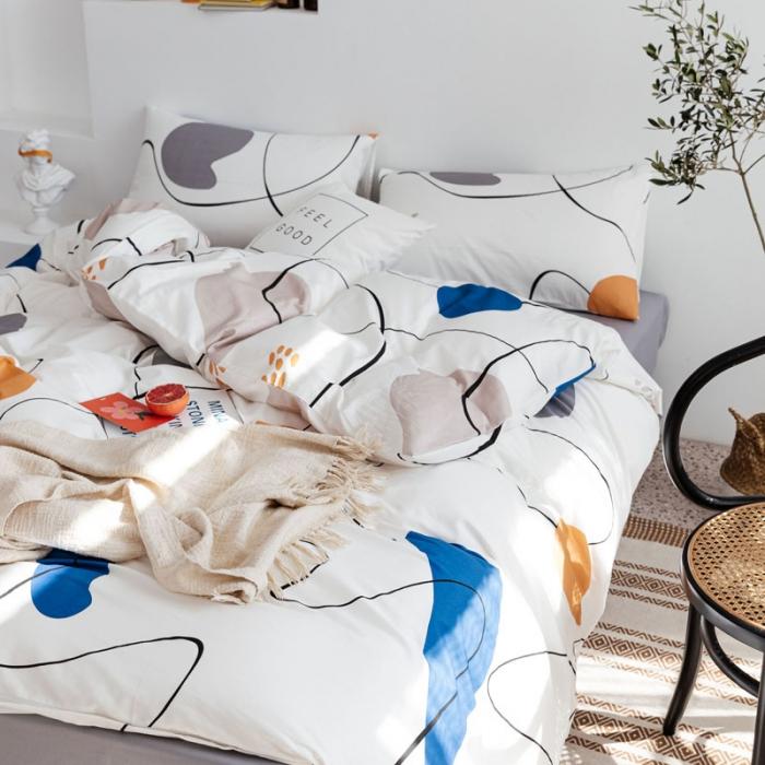 91家纺网 家纺一手货源 找家纺 艾沁 2019全棉13372北欧简约抽象风四件套床单款 蓝湾