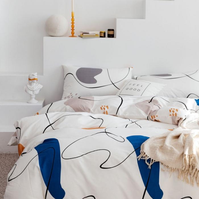 91家纺网 家纺一手货源 找家纺 艾沁 2019全棉13372北欧简约抽象风四件套床单款 蓝湾