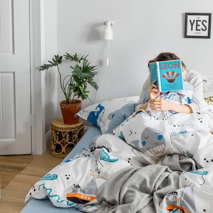 91家纺网 家纺一手货源 找家纺 窝米 2018全棉13372减龄卡通系列四件套床单款 大鲸鱼