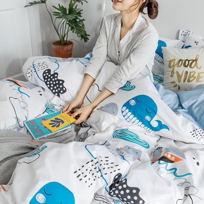 91家纺网 家纺一手货源 找家纺 窝米 2018全棉13372减龄卡通系列四件套床单款 大鲸鱼