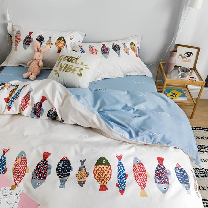 91家纺网 家纺一手货源 找家纺 窝米 2018全棉13372减龄卡通系列四件套床单款 锦鲤