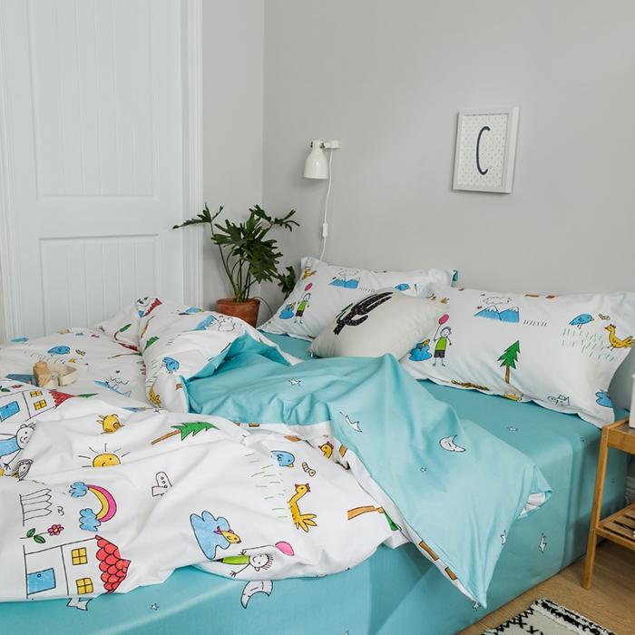 91家纺网 家纺一手货源 找家纺 窝米 2018全棉13372减龄卡通系列四件套床单款我的花园