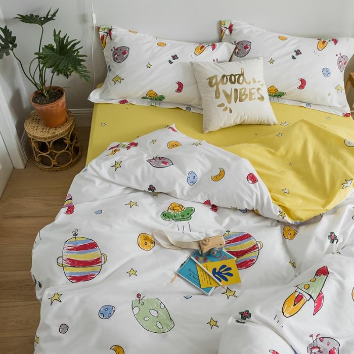 91家纺网 家纺一手货源 找家纺 窝米 2018全棉13372减龄卡通系列四件套床单款星际宇航